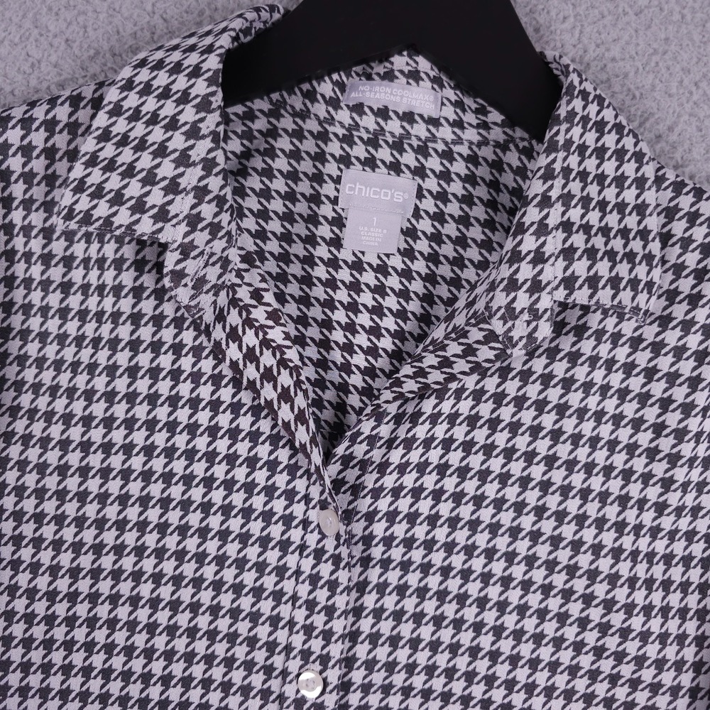 Chicos Shirt Womens 1 US 8 Gray Houndstooth Button Up No Iron Coolmax Stretch